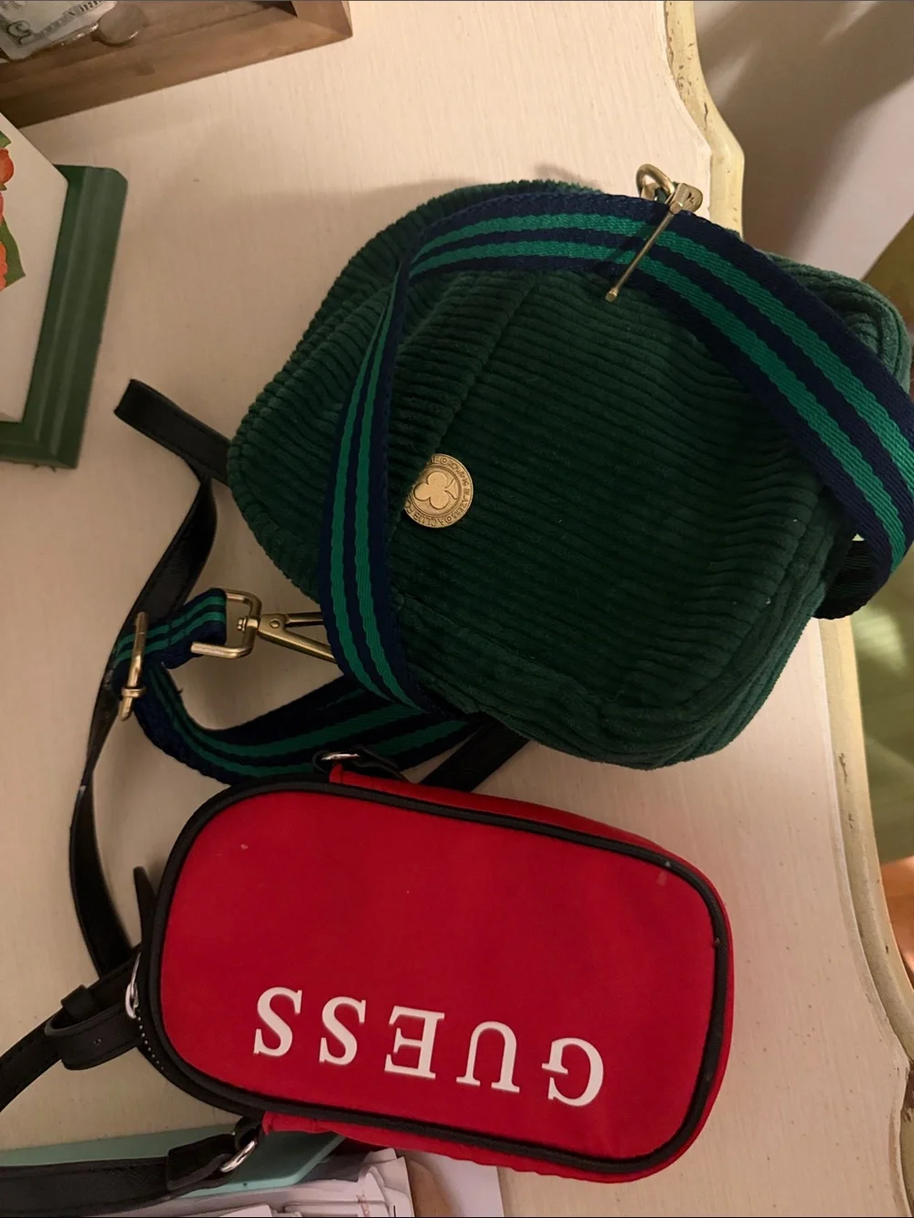 Kids cross body bundleGUESS Red Crossbody Pouch with Green Corduroy Shoulder Bag